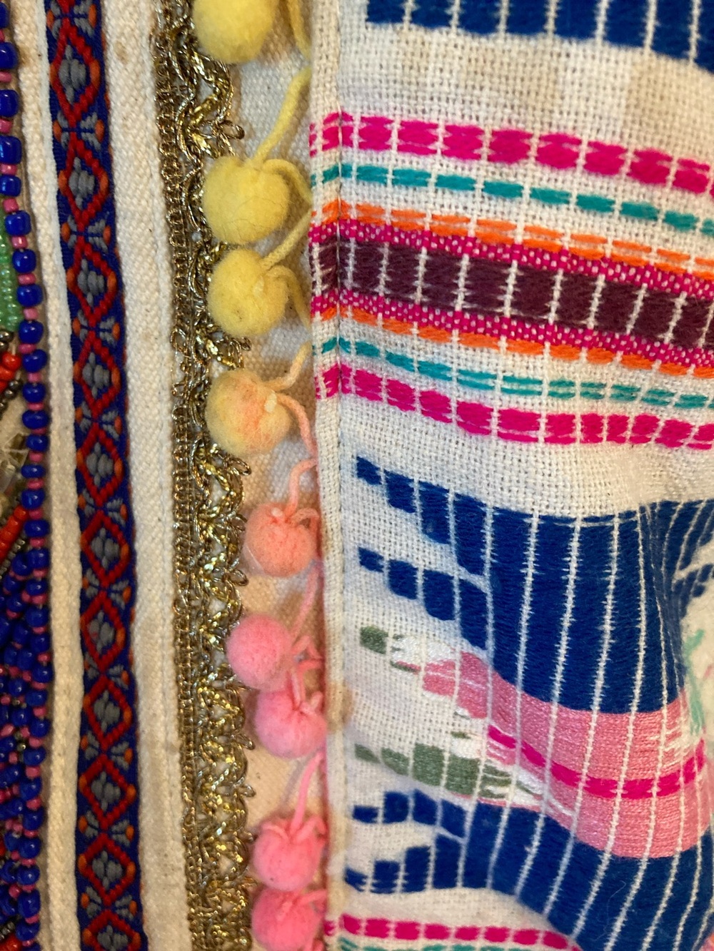 America & Beyond Boho Embroidered & Beaded  Tote Bag with Pom Pom Tassels - Picture 8 of 17